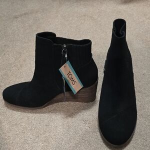 TOMS Black Suede Ankle Booties with Stacked Heel